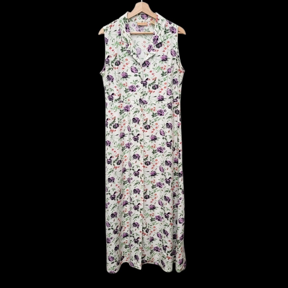 Vtg 90s Original Island Sport White Purple Floral Print Button Up Maxi Dress 10 - Picture 2 of 10